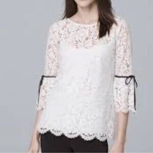 WHBM White Lace Flare Sleeve Top Black Ribbon Trim